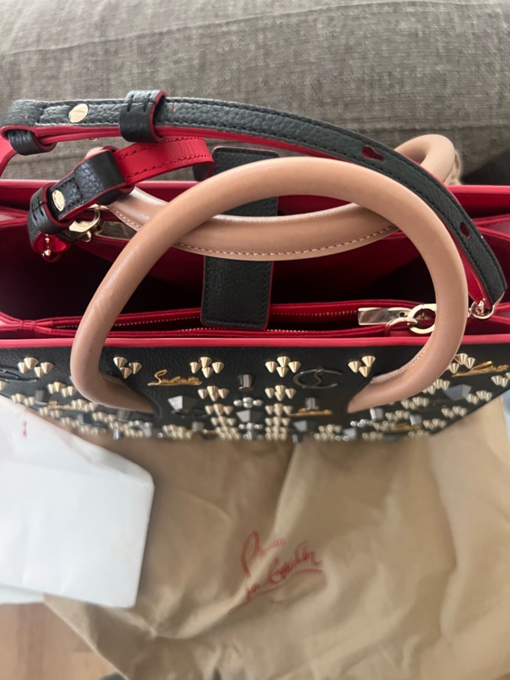 Christian Louboutin Paloma Black Studded Tote with Tan Handles medium - Picture 2 of 11